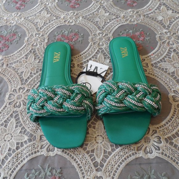 New Zara Green Woven Rhinestone Slip On Sandals Size 6M - Picture 5 of 14